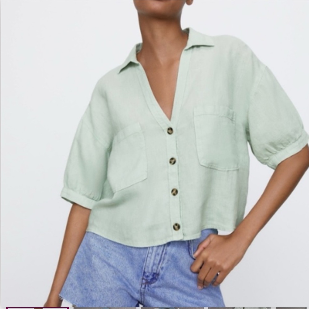 Zara Women’s Crop Button Up Short Sleeve Linen Top
